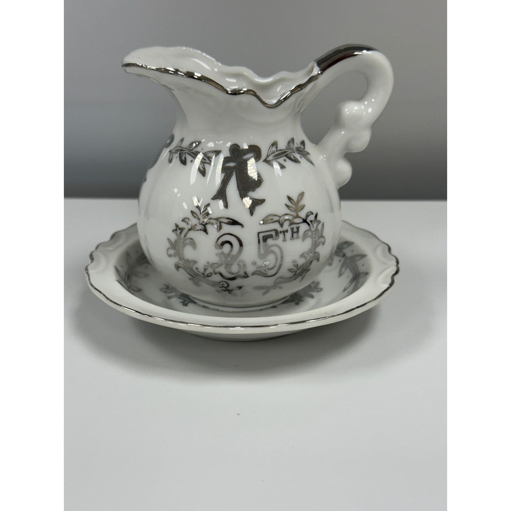 Lefton China 25th Anniversary Miniature Pitcher and Saucer Set Silver White 6548